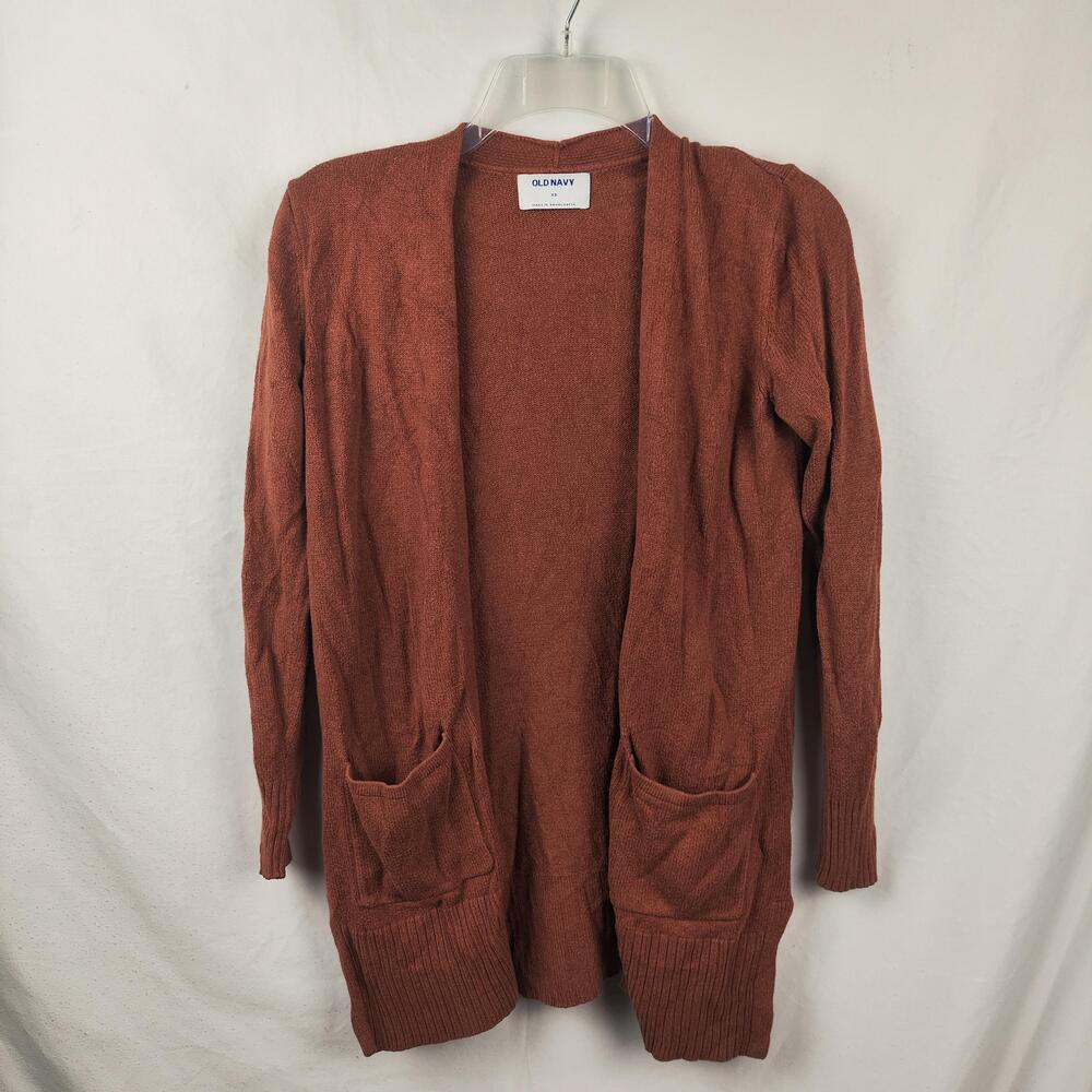 Old Navy Sweater Cardigan Womens XS Orange Open Front Long Sleeve Knit Pockets